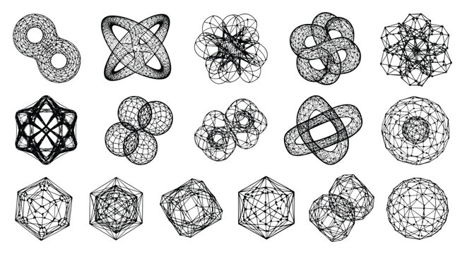 Collection of complex geometric wireframe shapes and polyhedral structures provides abstract elements for scientific or artistic design.