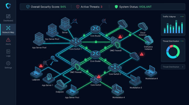 Create a premium cybersecurity topology diagram for network protection and threat management