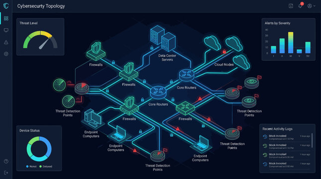 Create a premium cybersecurity topology diagram for network protection and threat analysis