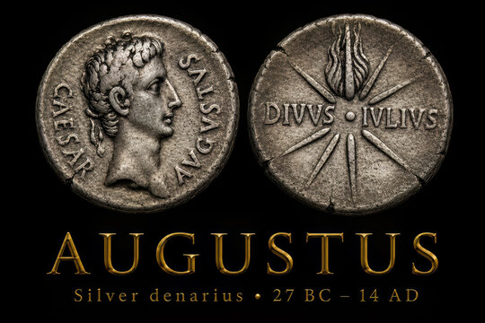 Ancient Roman silver denarius coins of Emperor Augustus from Rome