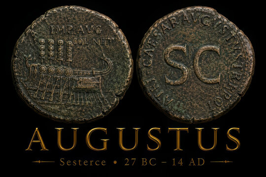 Ancient Roman sestertius coin of Augustus emperor in Rome