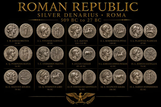 Roman Republic silver denarius coin collection from ancient Rome