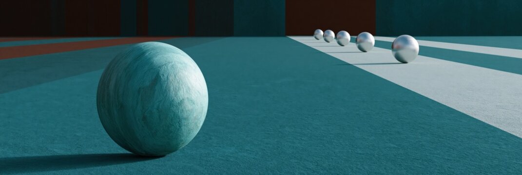 Minimal teal bocce court with textured ball in foreground and receding metallic balls for sports background and modern banner design