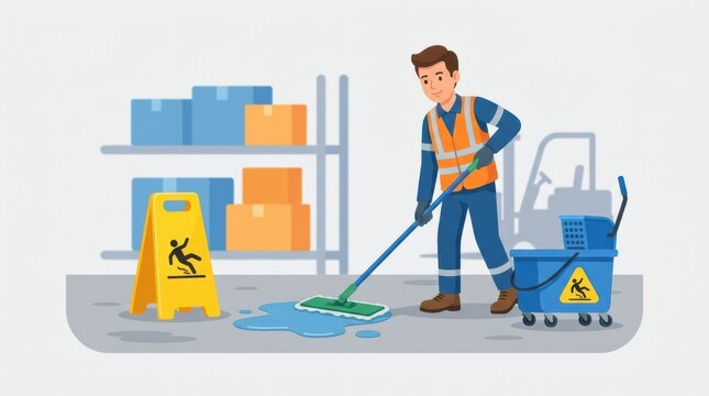 A worker is mopping a water spill in a warehouse. He is wearing safety gear. A caution sign is placed nearby to warn others.