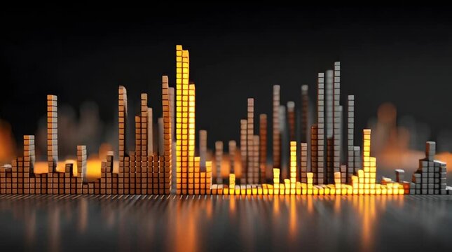 Glowing Orange and Gray Equalizer Bars, Audio Sound Wave Digital Spectrum, Abstract Music Frequency Signal Display on Black Background with Silver Bar Reflection Effect