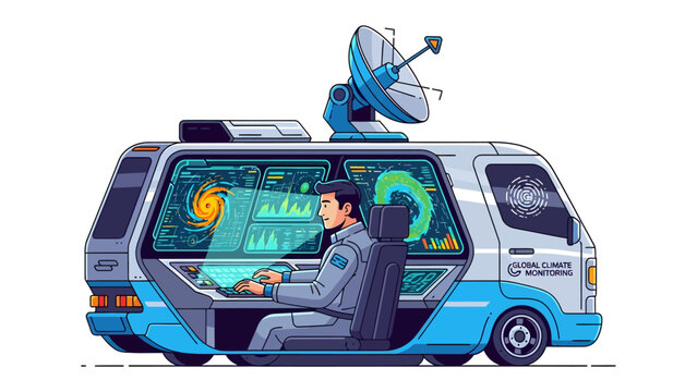 Futuristic Command Center Van: A man operates advanced technology inside a high-tech van equipped with a satellite dish and multiple screens displaying complex data.