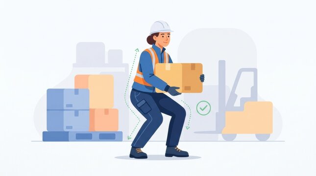 Warehouse worker demonstrates proper lifting methods while managing packages in a logistics environment. Safety is a priority in this setting.