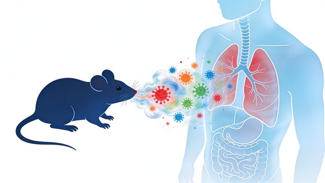 Scientific illustration depicting a mouse transmitting airborne viral pathogens toward human lungs to demonstrate the concept of zoonotic disease transmission in this detailed medical research image