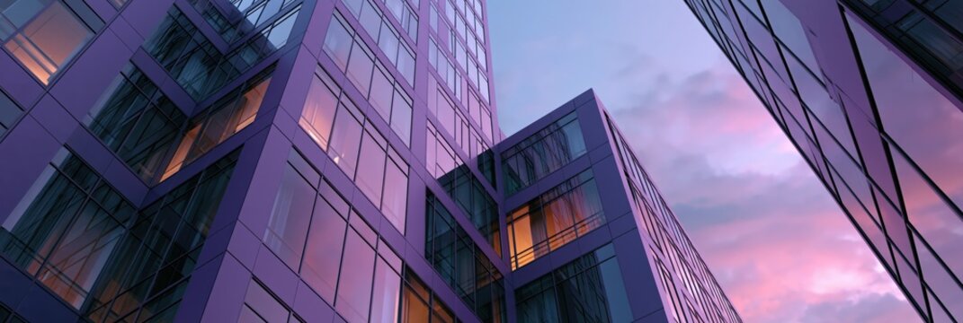 Sunset glass office towers with purple and pink sky for urban skyline banner and modern architecture background