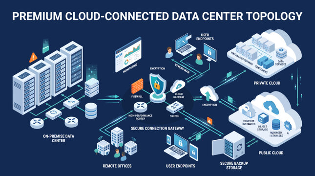 Create a premium cloud connected data center topology diagram for secure networking