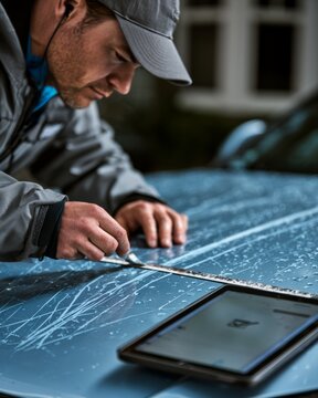 Insurance Adjuster Measuring Hail Damage on Blue Car Hood with Tablet Nearby