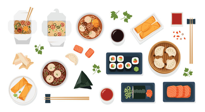 Overhead view of a diverse selection of Asian dishes including sushi, ramen, dumplings, spring rolls, and miso soup on a clean surface.