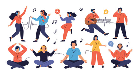 Fototapeta premium Diverse group of people enjoying music in various ways including dancing, playing guitar, and relaxing with headphones in different poses.