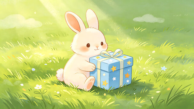 Cute white rabbit holding blue gift box with stars on green grass