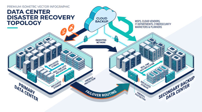 Data center disaster recovery plan with cloud backup and secondary data center
