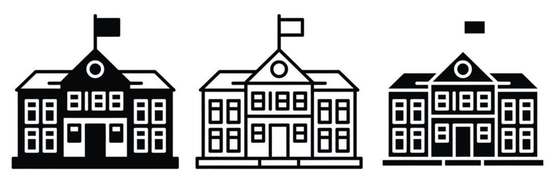 School Building Icons Set Black and White Educational Institutions Symbols