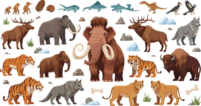 Prehistoric Extinct Animals Collection Vector Illustration Set With Mammoth Dinosaur Saber Tooth Tiger And Ice Age Wildlife