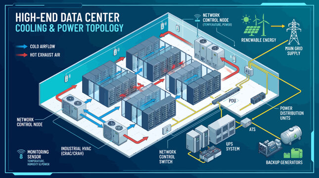 High-end data center cooling and power topology diagram illustrates infrastructure