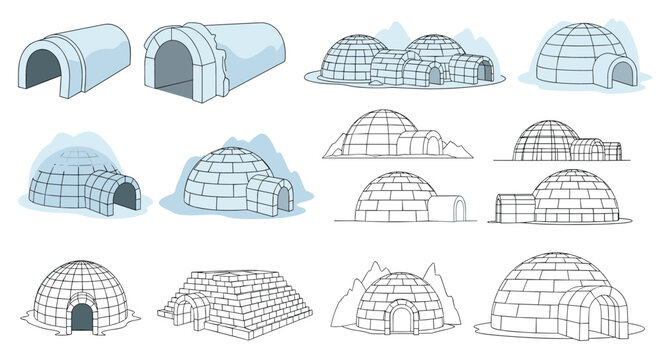 Diverse collection of igloo illustrations showing different styles and cross-sections of traditional arctic homes.