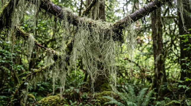 Usnea (Old Man&rsquo;s Beard Lichen) Hanging Thread-Like Growth on Tree Branches, Macro Forest Nature Texture, Botanical Close-Up