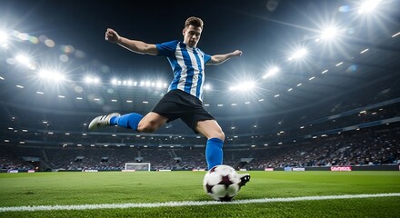 Naklejka premium Soccer player kicking ball on stadium field