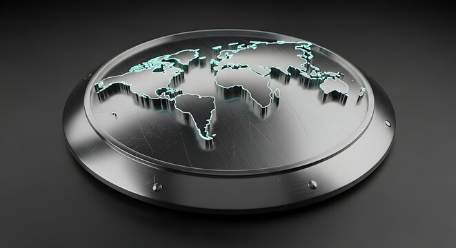 3d metallic globe with illuminated continents on dark background