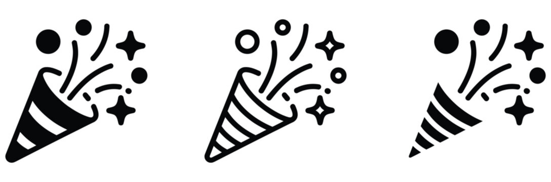 Black and white party horn icons with confetti and stars for celebrations and special occasions on isolated background
