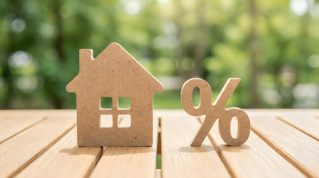 Wooden house model and percentage sign on wooden table against blurred green background, concept for mortgage, real estate interest rates, and property investment