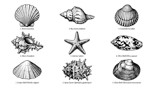 Shells and starfish set with intricate line drawings and detailed patterns featuring marine life, ocean, beach with seashells and nature elements for