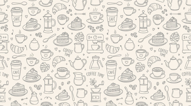 A seamless pattern illustration of various sweet desserts and drinks on a beige background.