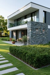 Fototapeta premium Modern two story house exterior with stone facade and outdoor patio for residential background and architecture design
