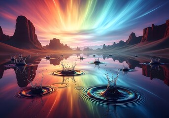 Obraz premium Vibrant Rainbow Sky Mirrored in Water with Ripples and Dramatic Rock Formations