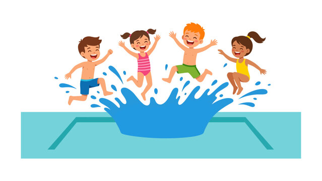Joyful Splash: Four delighted children in swimwear jump into a swimming pool, sending water splashing high as they embrace the fun and exhilaration of a summer day.