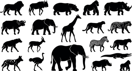 African Wildlife Animal Silhouette Vector Set Featuring Lion, Elephant, Zebra, Giraffe, Rhino, Tiger and Safari Mammal Collection © MstSapla
