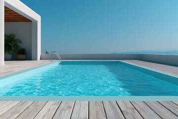 Fototapeta premium Modern rectangular pool with wooden deck and coastal architecture for resort background and wallpaper design