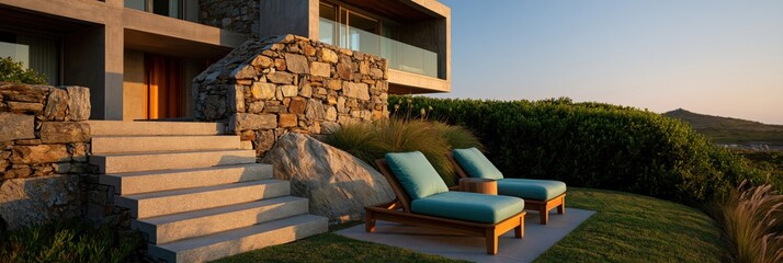 Fototapeta premium Modern coastal luxury villa patio with lounge chairs and stone steps for outdoor background and banner design