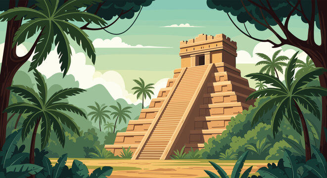 Ancient Mayan or Aztec stone pyramid temple situated deep within a lush tropical jungle surrounded by palm trees.