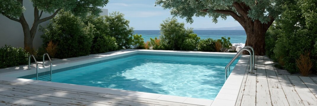 Outdoor backyard pool with sea view, trees and wooden deck for coastal landscape background and vacation banner