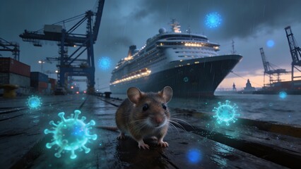 Naklejka premium A close up photo of a small brown mouse standing on a dark wooden dock near a massive cruise ship at night with glowing virus particles