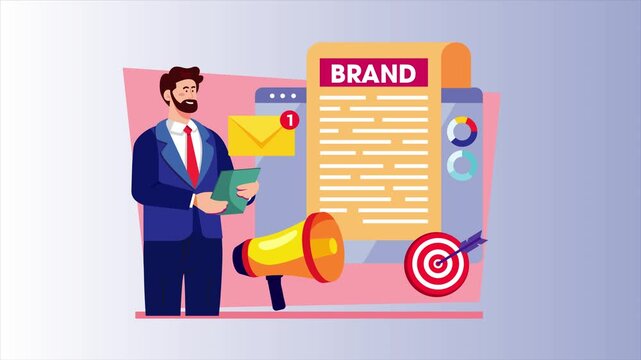 Corporate Brand Analytics and Strategic Marketing Animation: Businessman with Folder by Digital Document, Data Charts, Megaphone, and Target, Seamless Loop.