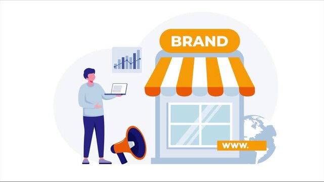 Digital Retail and Omnichannel Brand Strategy Animation: Businessman with Laptop, Storefront Market, E-Commerce Globe, and Megaphone, Seamless Loop.