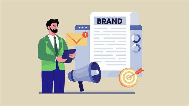 Corporate Brand Communication and Marketing Strategy Animation: Businessman with Clipboard by Digital Brand Document, Email Notification, Megaphone, and Target, Seamless Loop.