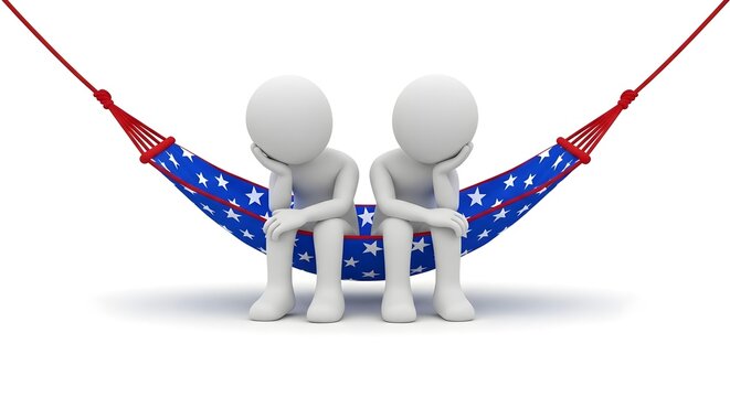 Bored characters resting in star patterned hammock