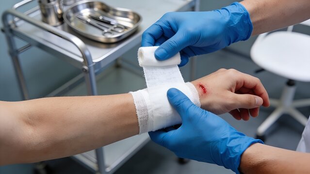 Medical professional using white gauze bandage to dress a painful wrist wound on a patient in this clinical photo showing proper first aid care procedures