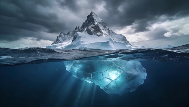 Massive iceberg floating in the deep blue ocean with a dramatic mountain peak visible above the water line in this high quality split level nature photo