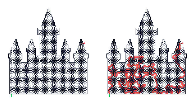 Square topology castle maze with solution path 