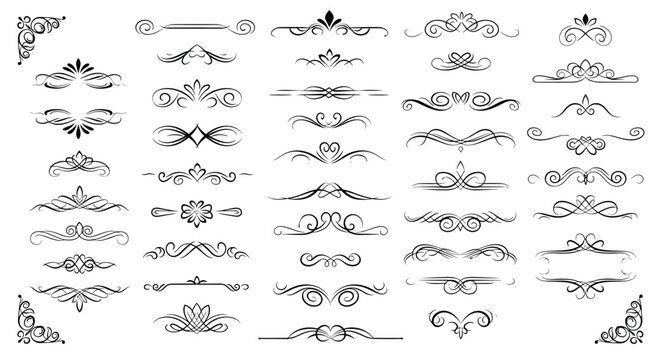Elegant collection of vintage-style decorative dividers, flourishes, and corner ornaments for wedding invitations and luxury branding projects.