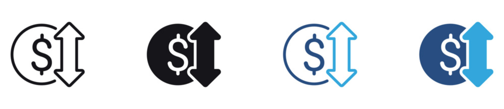 Money Increase and Decrease Icon Set. Dollar sign with up and down arrows for financial growth, exchange rates, and business analytics concept. Vector illustration.