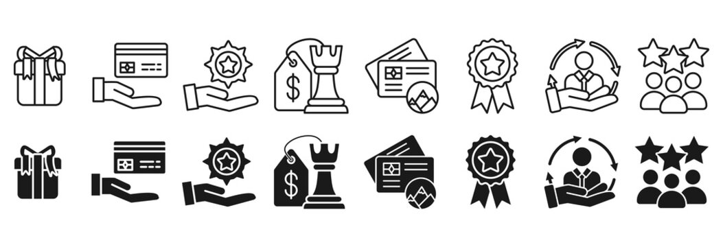 Loyalty program icon set. Card and exclusive symbol
