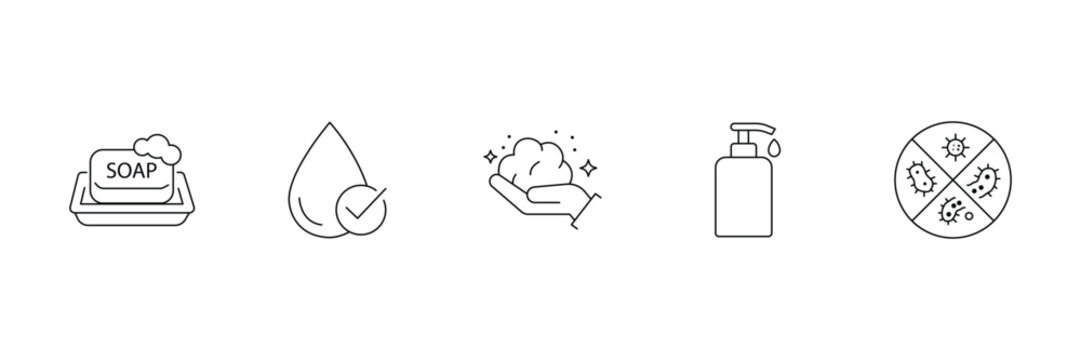 Sanitizing and handwashing line icons vector set for bacteria prevention and hygiene illustration.